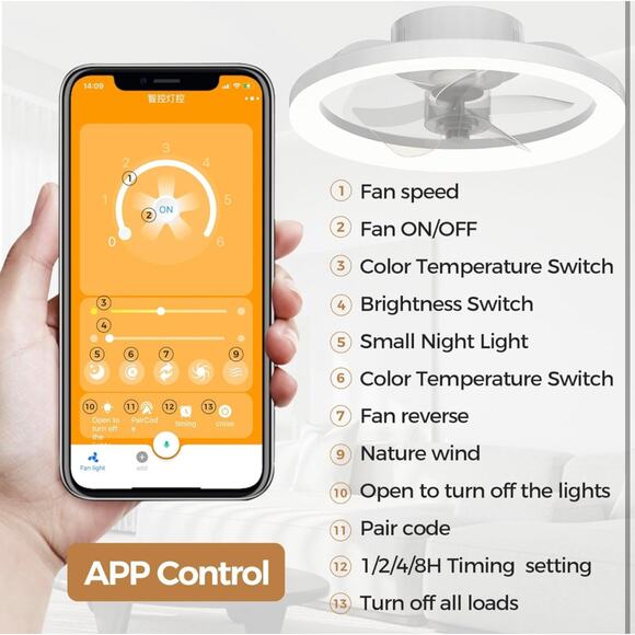 16’’ White Bladeless Ceiling Fan w/ Light & Remote, Flush Mount for Bedroom - Picture 8 of 9